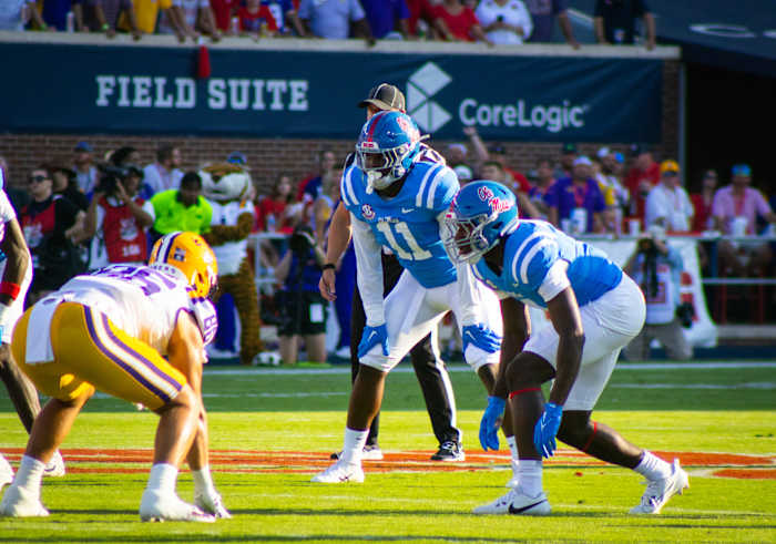 Ole Miss Rebels linebacker Jeremiah Jean-Baptiste (No. 11) vs. the LSU Tigers (2023).